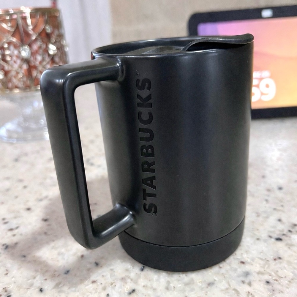 Starbucks Black Ceramic Desktop Mug Silicone Nonslip Bottom with Lid 14 Fl Oz - Picture 2 of 13
